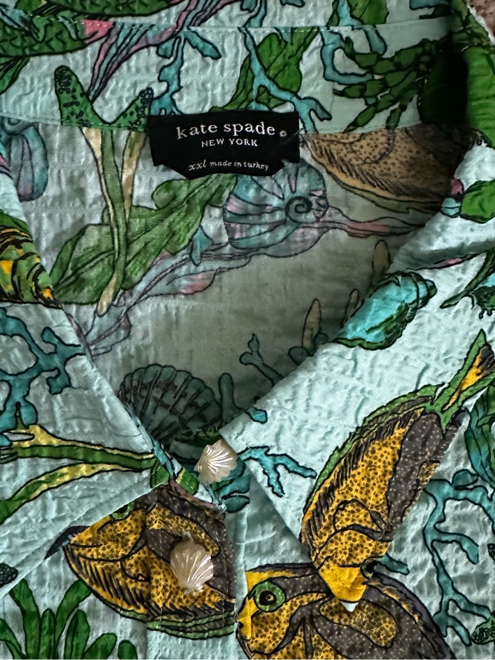 Kate Spade Button Down Cropped Crepe Shirt Aquatic Print Size XXL - Picture 4 of 6